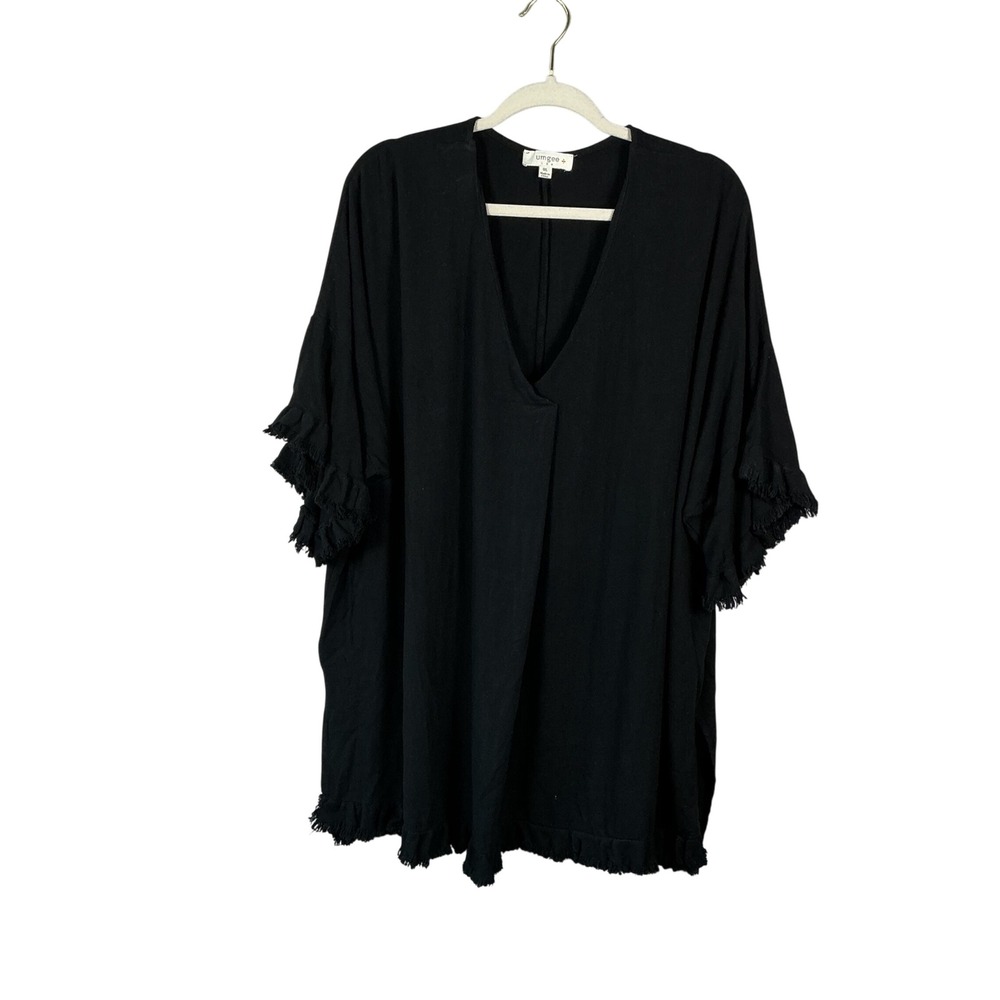 Umgee Plus Black Frayed Ruffle Trim V-Neck Tunic Top 1XL Bohemian Oversized